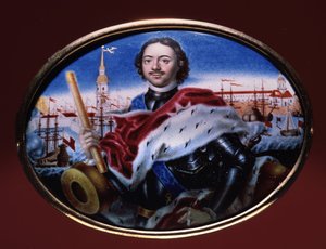 Porträt von Kaiser Peter I. mit Blick auf die Peter-und-Paul-Festung in St. Petersburg