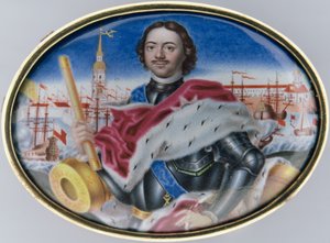Porträt von Peter I. (1672-1725) vor der Peter-und-Paul-Festung und dem Dreifaltigkeitsplatz in St. Petersburg, 1723
