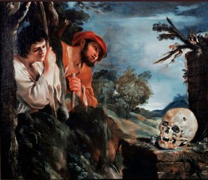 Die Hirten von Arkadien, Männer um ein Grab auf der griechischen Insel Peloponnes (Vanitas)
