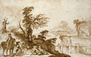 Landschaft mit Reiter und Brücke, frühes 17. Jahrhundert von Guercino