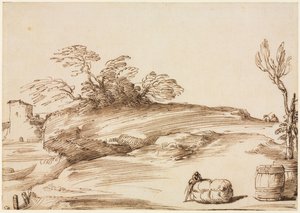 Landschaft mit einem Mann, der sich auf einen Ballen lehnt, um 1640
