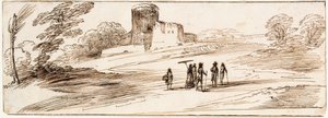 Landschaft mit Burg und Figuren von Guercino