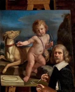 Selbstporträt vor einem Gemälde von Amor Fedele von Guercino