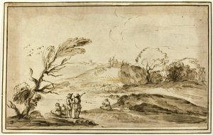 Zwei Gruppen von Figuren in einer Landschaft von Guercino