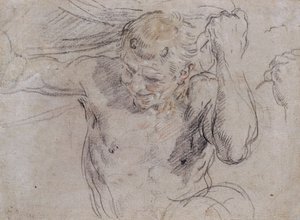Ein Satyr hebt den Vorhang und eine Nebenskizze seiner linken Hand von Guido Reni