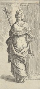 Mädchen, das ein Kruzifix trägt und auf einen Pfeiler zugeht, von hinten gesehen, ca. 1590-1600
