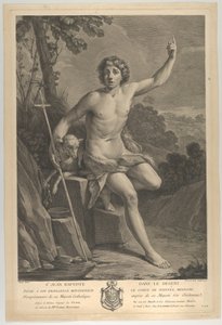 Johannes der Täufer in der Wüste, auf einem Felsen sitzend und mit der linken Hand nach oben zeigend von Guido Reni