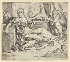 Sitzende Frau mit einem Tablet und Kompass, Allegorie des Lernens, ein geflügelter Putto... von Guido Reni
