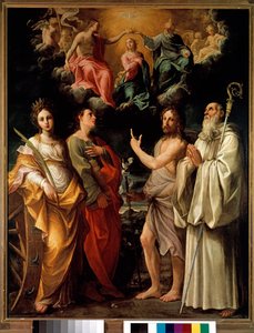 Die Krönung der Jungfrau mit vier Heiligen (Katharina von Alexandria, Johannes der Evangelist, Johannes der Täufer und Bernhard) - Die Jungfrau Maria wird im Himmel mit der Dreifaltigkeit (Jesus Christus, Gott und die Taube des Heiligen Geistes) dargestell von Guido Reni
