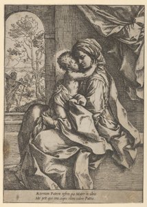 Die Jungfrau, die mit dem Christuskind auf ihrem Schoß sitzt und ihn umarmt, Joseph im Hintergrund, ca. 1600-1613