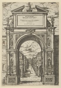 Triumphbogen mit einer Statue, die die Stadt Bologna darstellt, Gebäude im Hintergrund