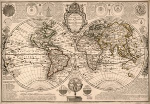 Allgemeine Karte der Erde - oder Weltkarte mit den vier Hauptsystemen und den Figuren der sieben Planeten von Guillaume Danet