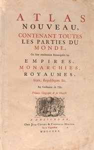 Atlas trägt die Welt, in einem Geographiekartenladen (Radierung) von Guillaume Delisle