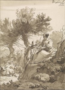Landschaft mit Hirte und Hirtin und ihren Schafen