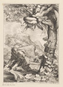 Allegorische Darstellung einer gekrönten Frau, die einen Kalebassenbaum gießt; im Hintergrund besteigen Figuren einen Berg (Titelblatt für: Giovanni Baptista Ferrari, Fasti Senenses, Ab Academia Intronatorum Editi, 1661)