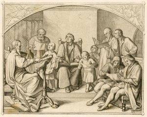Luthers Einführung deutscher protestantischer Kirchenlieder zusammen mit seinen Kindern und Freunden unter der Leitung von Johannes Walther (1496-1570)