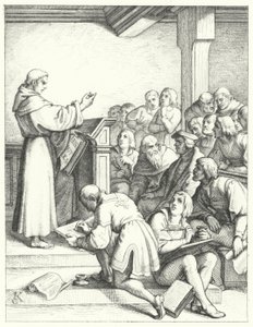 Martin Luther in einer Philosophie- und Theologievorlesung für seinen Bachelor-Abschluss (Stich)