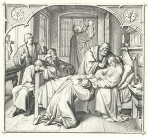 Martin Luther betet am Sterbebett von Philipp Melanchthon (Gravur) von Gustav Ferdinand Leopold Konig