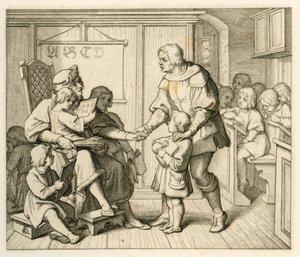 Martin Luthers Einschreibung in die Schule in Mansfeld, in dieser Illustration zusammen mit seinem Vater Hans