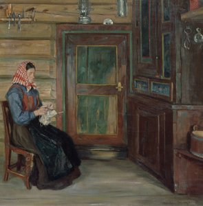 Bauernhofinterieur mit strickender Frau
