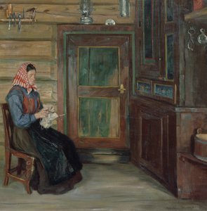 Bauerninterieur mit strickender Frau