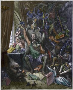 Don Quixote in seinem Arbeitszimmer, umgeben von den Phantomen seiner Tagträume - Don Quixote de la Mancha von Miguel Cervantes (1547-1616) - graviert von Heliodore Joseph Pisan (1822-90) nach einer Zeichnung von Gustave Dore