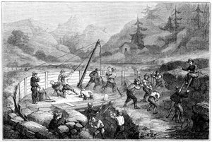 Ausgrabung und Waschen von Sanden am Grund eines Flusses, Kalifornien, 19. Jahrhundert von Gustave Adolphe Chassevent Bacques
