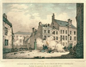 Kämpfe in der Rue de Louvain, Brüssel, hinter den Etats Generaux, 23.-24. September 1830, graviert von Jean Baptiste Madou (1796-1877)