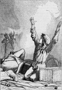 Gavroche fällt auf den Barrikaden - in „Les Misérables“ von Victor Hugo, ill. von Brion, ed. Hetzel und Lacroix von Gustave Brion