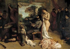 Das Atelier des Malers. Allegorie Reelle, die eine siebenjährige Phase meines künstlerischen Lebens (und moralischen) bestimmt. Detail (darstellend) der Maler umgeben von seinen zwei Inspirationsquellen, einem Kind, das Naivität symbolisiert, und einer nac