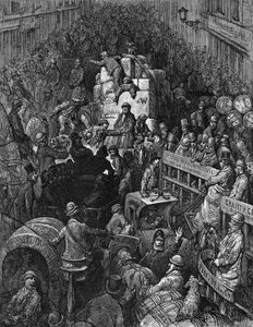 Eine Stadtstraße: Aus Gustave Doré und Blanchard Jerrold London: Eine Pilgerreise London 1872. Szene chaotischer Verkehrsstau mit einem Londoner Polizisten, der versucht, die Fahrzeuge in Bewegung zu setzen. Holzstich. von Gustave Dore