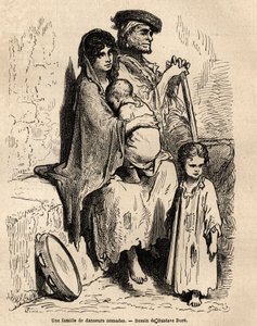 Eine Familie von nomadischen Tänzern ruht sich in den Straßen von Sevilla aus. Skizze von Gustave Doré (1832-1883). Gravur zur Illustration der Reise in Spanien, 1862 von Charles Davillier und Gustave Doré, in „Le tour du monde, nouveau journal des voyages