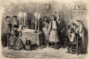 Ein Trauertanz während des Totentages in Jijonas (Provinz Alicante). Skizze von Gustave Doré (1832-1883). Gravur zur Illustration der Reise in Spanien, 1862 von Charles Davillier und Gustave Doré, in „Le tour du monde, nouveau journal des voyages“ von Gustave Dore