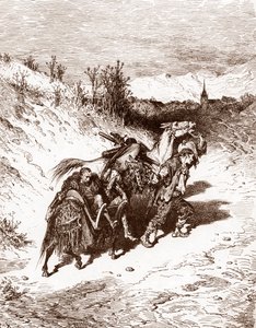 Ein Pflüger aus seinem eigenen Dorf bringt Quijote nach Hause (Gravur von Gustave Doré für „Der sinnreiche Junker Don Quijote von der Mancha“ von Miguel de Cervantes 1863) von Gustave Dore