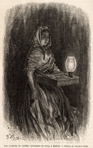 Eine Verkäuferin von Wachsstreichhölzern, Skizze live in der Puerta del Sol, in Madrid. Gravur von Gustave Doré (1832-1883) zur Illustration seiner Reise nach Spanien, mit Ch. Davillier (Herausgeber), veröffentlicht in „Le tour du monde“ 1869, herausgegebe von Gustave Dore