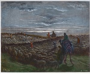 Abraham zieht ins Land Kanaan - Abram ließ sich im Land Kanaan nieder - Gravur in „Die illustrierte Bibel“ von Gustave Doré (1832-1883) - Gravur aus „Die Doré-Bibel“ von Gustave Dore