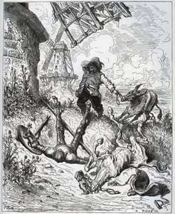 Nach dem Angriff auf die Windmühlen - „Misericorde! Sancho“ - aus „Don Quixote de la Mancha“ von Miguel Cervantes (1547-1616) - Holzschnitt nach einer Zeichnung von Gustave Doré