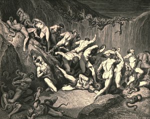 Mitten in diesem schrecklichen Überfluss an Elend rannten nackte Geister mit schrecklicher Angst, um 1890 von Gustave Dore