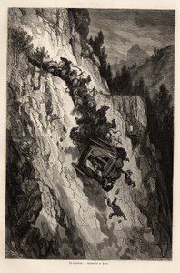 Ein Unfall der Diligence. Zeichnung von Gustave Doré zur Illustration seiner Reise nach Spanien mit C. Davillier 1862. Gravur in „Le tour du monde“, herausgegeben von Edouard Charton von Gustave Dore