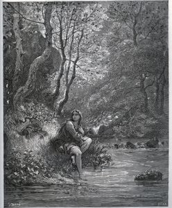 Erscheinung von Dorothee in Bauernkleidung - aus „Don Quijote von der Mancha“ von Miguel Cervantes (1547-1616) - Holzschnitt nach einer Zeichnung von Gustave Doré von Gustave Dore