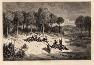 Orangenschlacht von Carcagente, Zeichnung von Gustave Doré (1832-1883), zur Illustration seiner Reise nach Spanien mit C. Davillier im Jahr 1862. Gravur in „Le tour du monde“, herausgegeben von Edouard Charton von Gustave Dore
