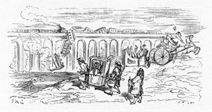 Karikatur des „modernen“ Transports von Gustave Doré um 1850: Zwei Züge stoßen zusammen und ein Personenzug entgleist und stürzt von einer Brücke; eine Kutsche wird in zwei Teile geteilt und kippt um, nachdem das Pferd, das sie zieht, durchgegangen ist; nu