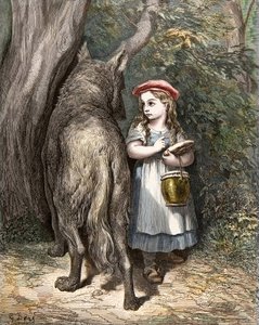 Rotkäppchen trifft den Wolf. Illustration aus „Die Märchen“ von Charles Perrault von Gustave Dore