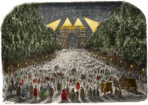 Menschenmenge bewundert die elektrische Beleuchtung des Arc de Triomphe und der Champs-Élysées in Paris am 26. und 27. Oktober. von Gustave Dore