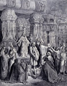 Kyros II. der Große (580 v. Chr. - 530 v. Chr.) befreite die gefangenen Völker bei seiner Ankunft in Babylon im Jahr 539 v. Chr. und gab dem jüdischen Volk die heiligen Gefäße zurück, die als Beute im Tempel von Jerusalem genommen worden waren. Gravur von  von Gustave Dore