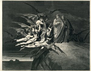 Dante und Virgil begegnen den Dämonen. Stich aus Die Hölle von Dante Alighieri (Die Göttliche Komödie) illustriert von Gustave Doré. Französische Ausgabe von 1861. „... Nessun di voi sia fello! (Keiner von euch sei rebellisch!)“, Gesang 21, V. 72. von Gustave Dore