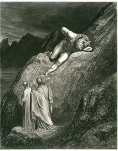 Dante und Virgil treffen den Minotaurus. Gravur aus Die Hölle von Dante Alighieri (Die Göttliche Komödie) illustriert von Gustave Doré. Französische Ausgabe von 1861. „E in su la punta della rotta lacca/L