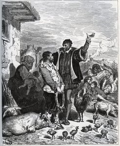 Don Quijote überzeugt seinen Nachbarn Sancho Panza, sein Knappe zu sein - aus "Don Quijote von der Mancha" von Miguel Cervantes von Gustave Dore