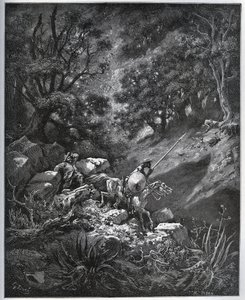 Don Quijote und Sancho Panza setzen ihre Reise in der Sierra Morena auf der Suche nach der Deguenille-de-la-Malaise-Mine fort - aus „Don Quijote von der Mancha“ von Miguel Cervantes (1547-1616) - Holzschnitt nach einer Zeichnung von Gustave Doré