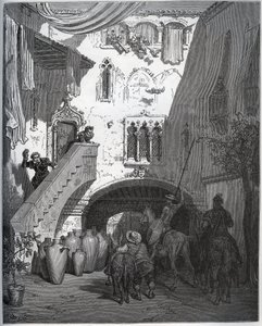 Don Quijote und Sancho Panza, eingeladen von Don Diego de Miranda zu Hause, werden von der Frau und dem Sohn des Gentlemans begrüßt - aus „Don Quijote von der Mancha“ von Miguel Cervantes (1547-1616) - Holzschnitt nach einer Zeichnung von Gustave Doré